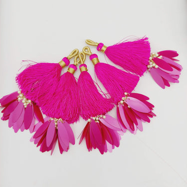 Fuchsia Pink Tassels With Long Sequins And Seed Pearl Beads, Beaded Thread Tassel Charms, 2 Pcs